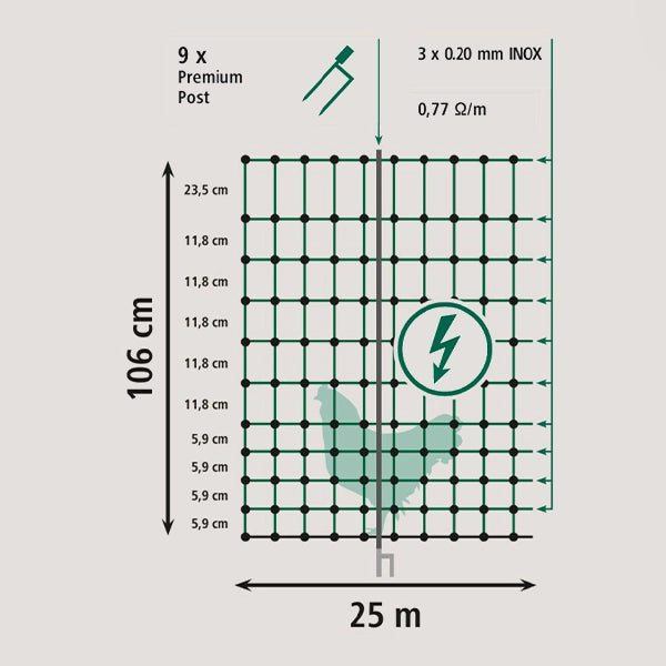 Malla cercado eléctrico para Galinas 106cm espigón doble (25m)